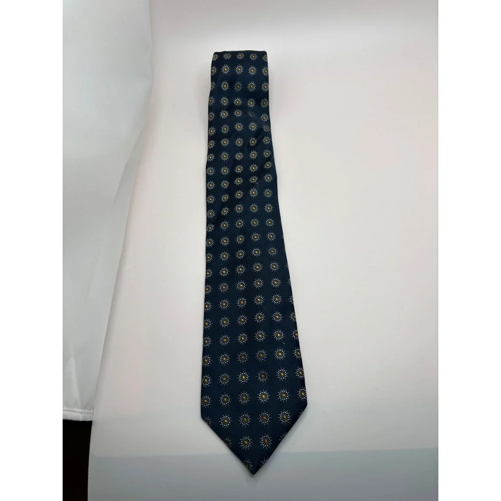 Canali Mens Silk Tie Navy Blue Silver Gold Floral Sunburst Geometric Made Italy